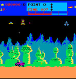 Moon Patrol for Arcade - The background alternates between mountains and city.