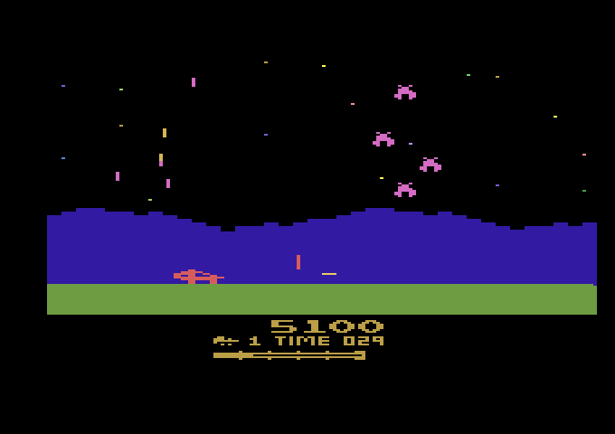 Moon Patrol Atari 2600 Screenshot: Here comes a swarm of aliens!
