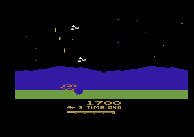 Moon Patrol Atari 2600 Screenshot: Crash! I hit a crater...
