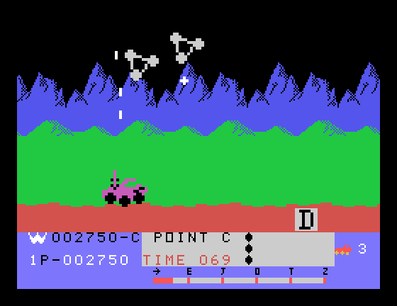 Moon Patrol TI-99/4A Screenshot: This type of enemy can make new craters...