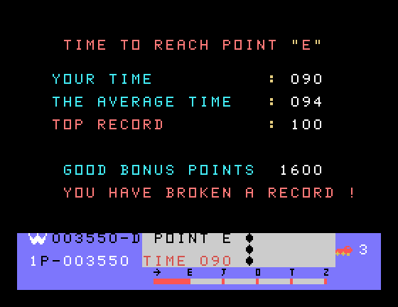 Moon Patrol TI-99/4A Screenshot: Checkpoint reached! I have a new record.