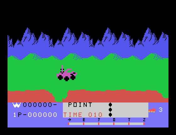 Moon Patrol TI-99/4A Screenshot: Jumping a crater.