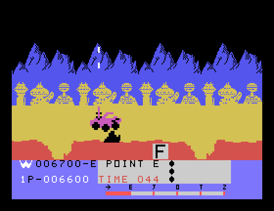Moon Patrol TI-99/4A Screenshot: Jumping a rock...