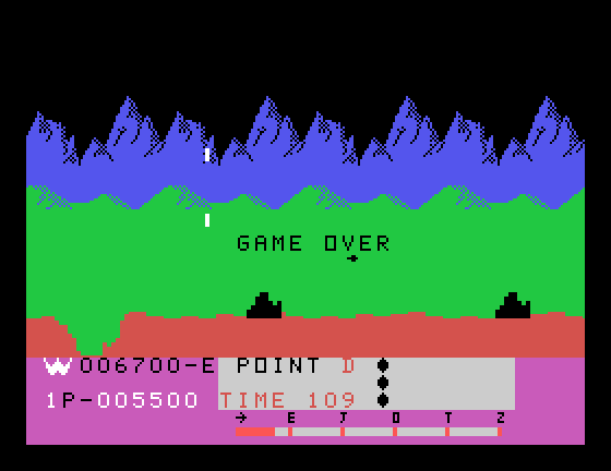 Moon Patrol TI-99/4A Screenshot: Game over.
