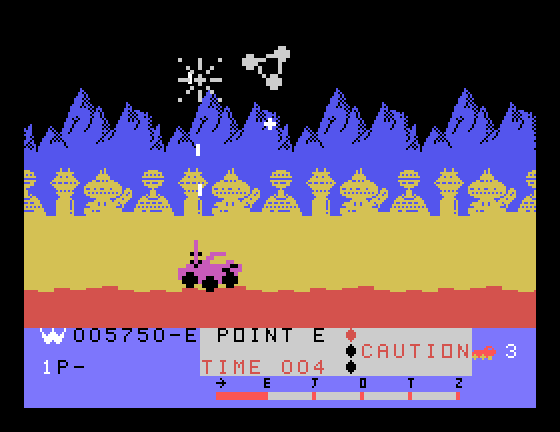 Moon Patrol TI-99/4A Screenshot: One enemy destroyed, one more to go...for now.