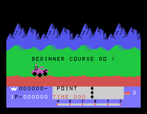 Moon Patrol TI-99/4A Screenshot: Game start.