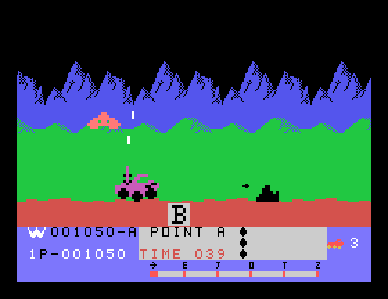 Moon Patrol TI-99/4A Screenshot: Shoot aliens and rocks...