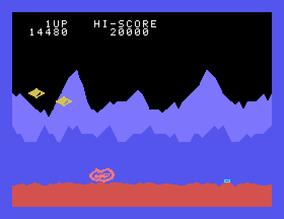 Moon Patrol Sord M5 Screenshot: Crash! My moon buggy exploded by hitting a land mine.