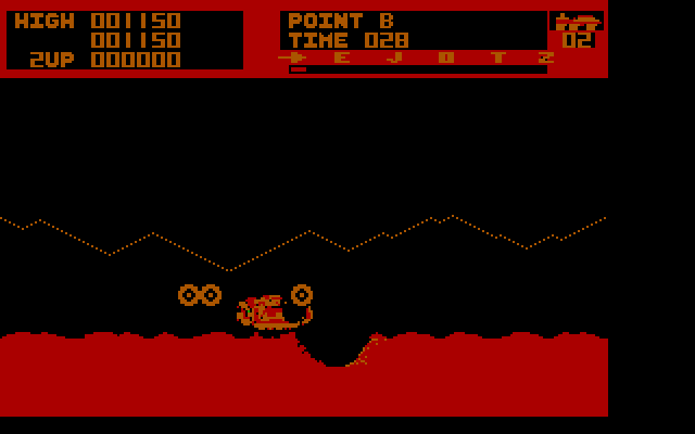 Moon Patrol IBM PC/Compatibles Screenshot: Crashing into a crater.