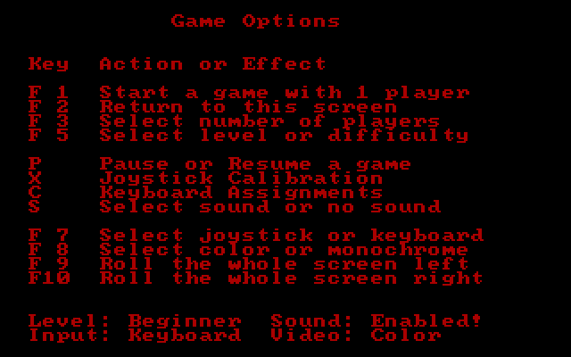 Moon Patrol IBM PC/Compatibles Screenshot: Game options.