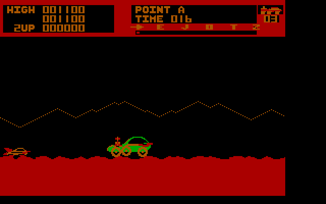 Moon Patrol IBM PC/Compatibles Screenshot: You need to jump over the missile that approaches from the left.