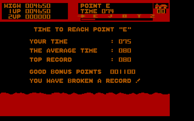 Moon Patrol IBM PC/Compatibles Screenshot: Bonus points for completing this leg of the journey.