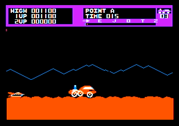 Moon Patrol Apple II Screenshot: You need to jump over the missile that appears on the left.