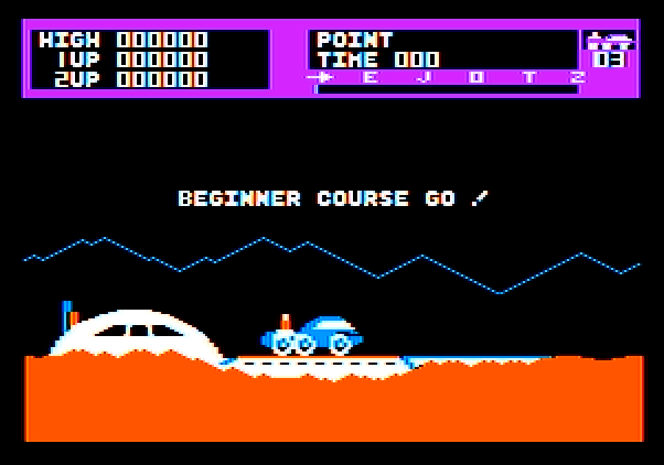Moon Patrol Apple II Screenshot: Beginner course start!