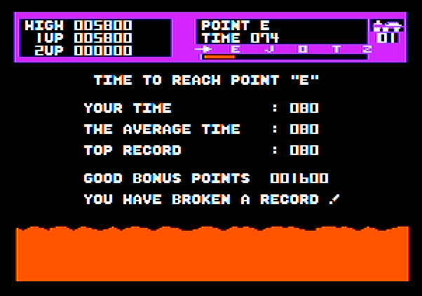 Moon Patrol Apple II Screenshot: Reached the first checkpoint! Bonus points earned...