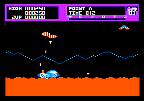 Moon Patrol Apple II Screenshot: It's an alien attack!