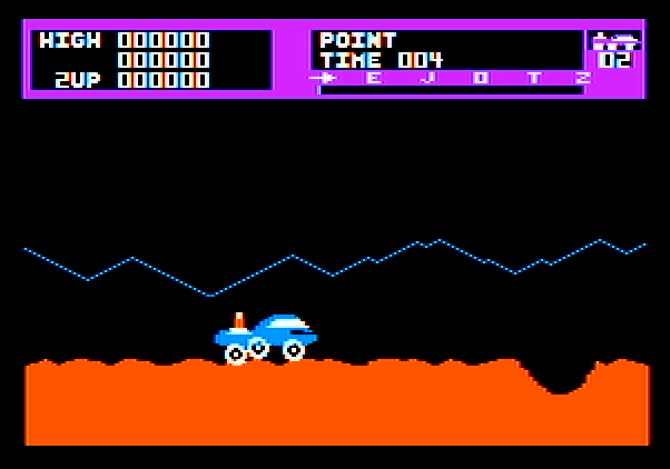 Moon Patrol Apple II Screenshot: You'll need to jump over craters.
