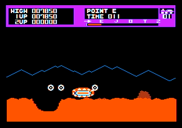 Moon Patrol Apple II Screenshot: The moon buggy has been destroyed.