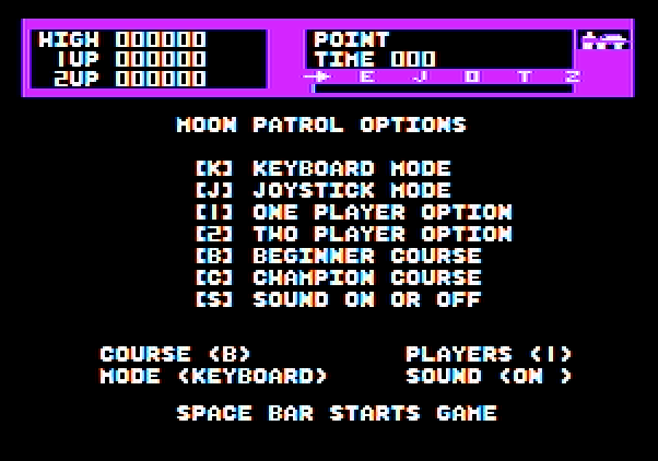 Moon Patrol Apple II Screenshot: Apple II Moon Patrol Game options.