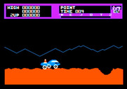 Moon Patrol for Apple II - You'll need to jump over craters.