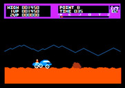 Moon Patrol for Apple II - Rocks get in the way; blast them or jump over them.