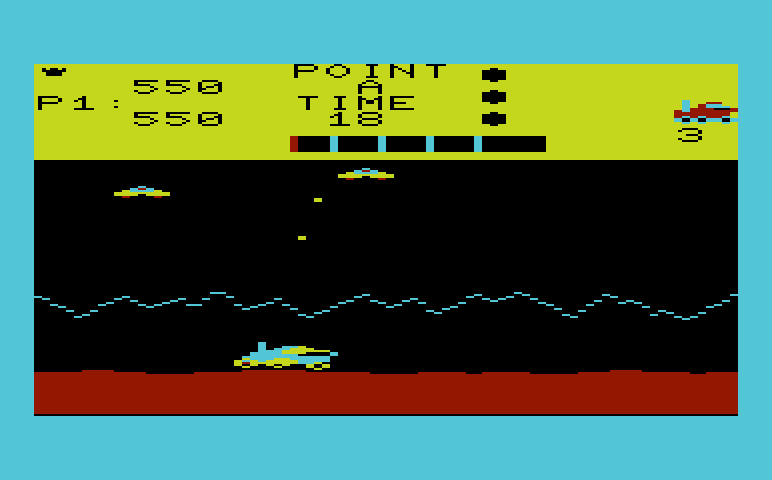 Moon Patrol Commodore VIC-20 Screenshot: Alien saucers attacking...