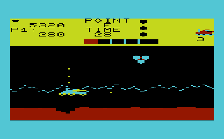 Moon Patrol Commodore VIC-20 Screenshot: This type of enemy can create new craters.
