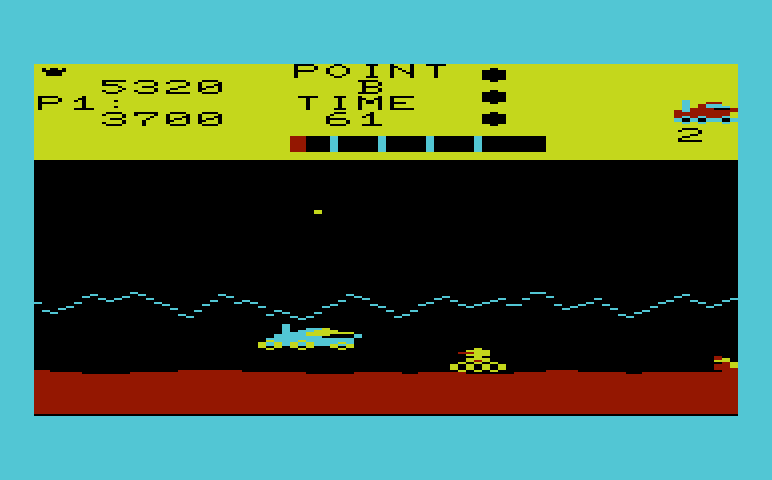 Moon Patrol Commodore VIC-20 Screenshot: Dodging tanks.