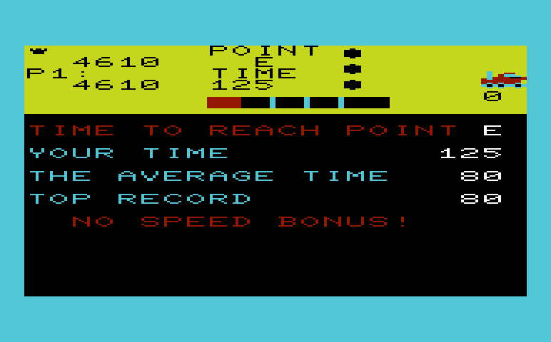 Moon Patrol Commodore VIC-20 Screenshot: Sorry, too slow; no bonus points!