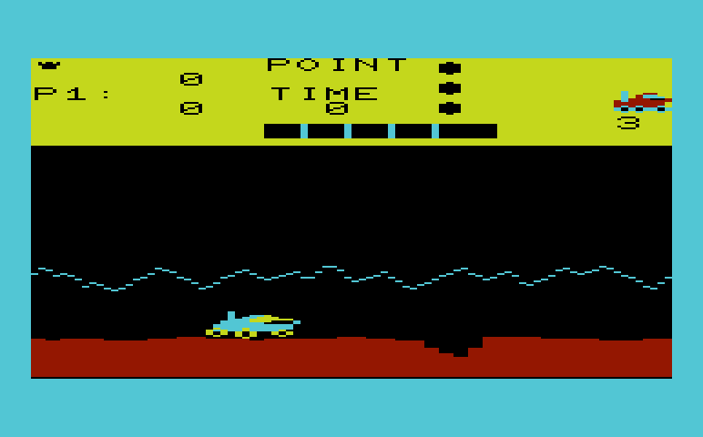 Moon Patrol Commodore VIC-20 Screenshot: You need to jump over craters.