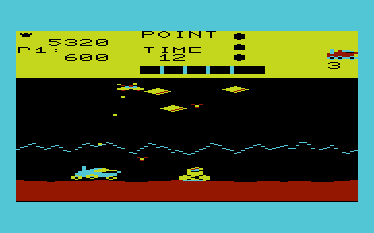 Moon Patrol Commodore VIC-20 Screenshot: Lots of aliens attack at once on the advanced course.