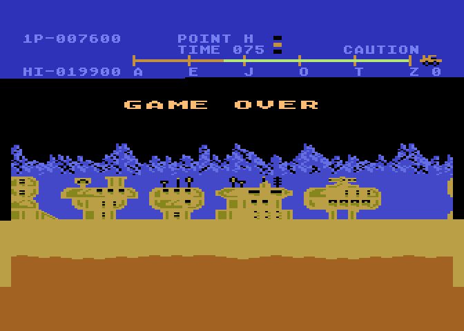 Moon Patrol Atari 8-bit Screenshot: Game over.