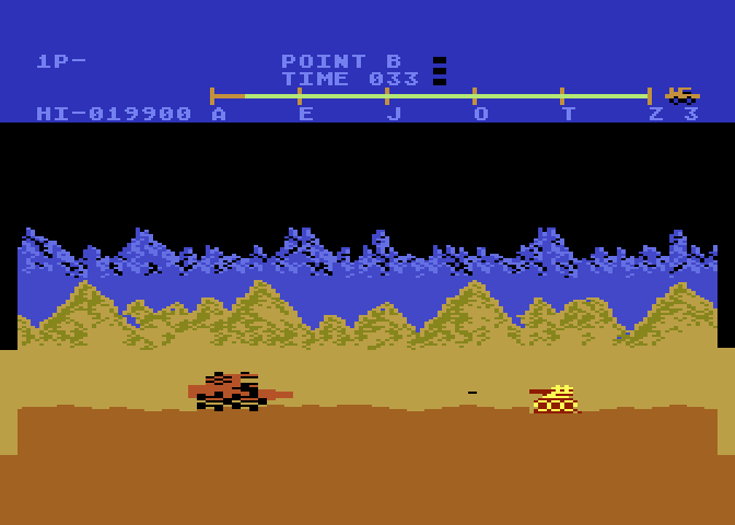 Moon Patrol Atari 8-bit Screenshot: An enemy tank gets in the way.