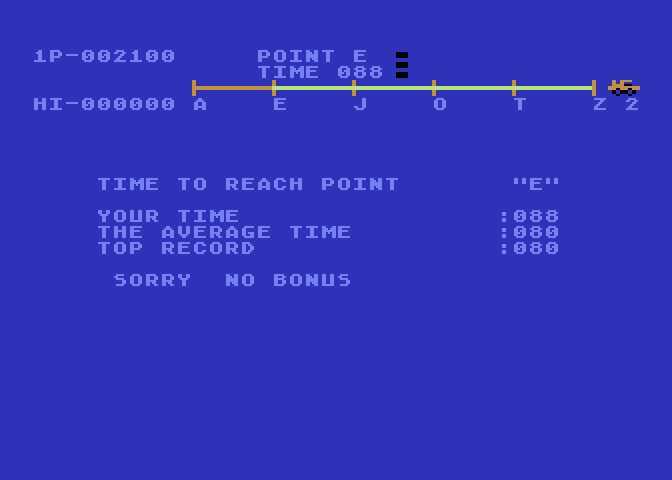 Moon Patrol Atari 8-bit Screenshot: Sorry, no bonus points this time.
