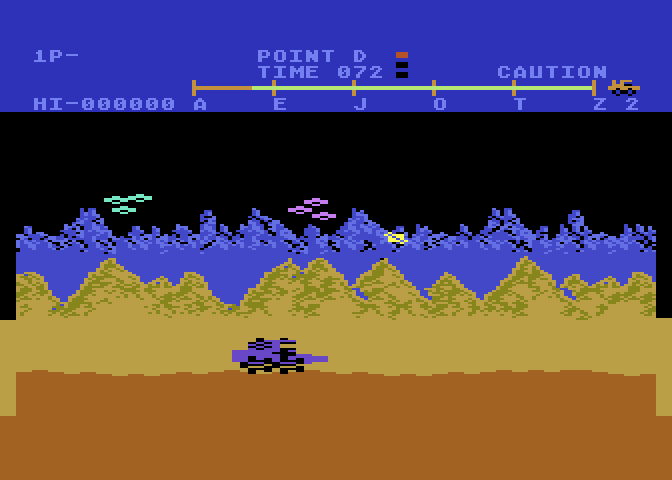 Moon Patrol Atari 8-bit Screenshot: These aliens can create new craters...