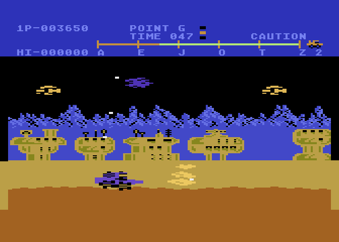 Moon Patrol Atari 8-bit Screenshot: Alien destroyed!
