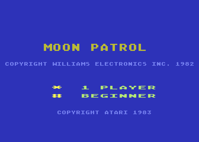 Moon Patrol Atari 8-bit Screenshot: Title screen.