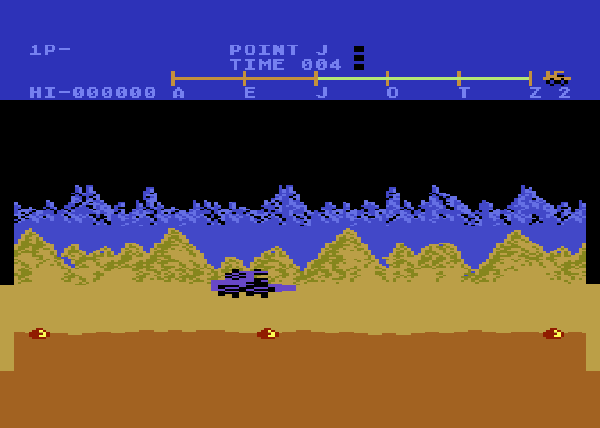 Moon Patrol Atari 8-bit Screenshot: Land mines can't be shot, you have to jump over them.