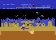 Moon Patrol for Atari 8-bit - Jumping over a crater while under attack!