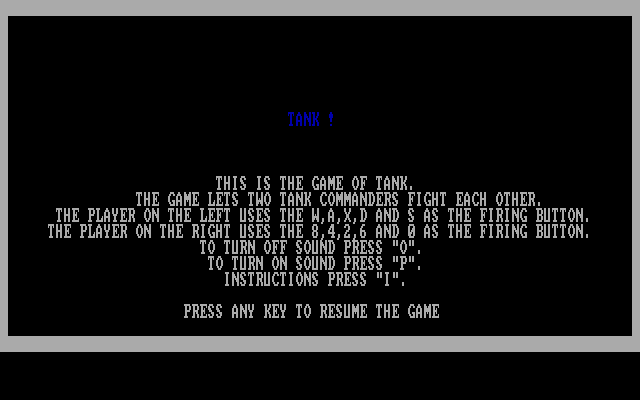 Tank! IBM PC/Compatibles Screenshot: Game instructions.