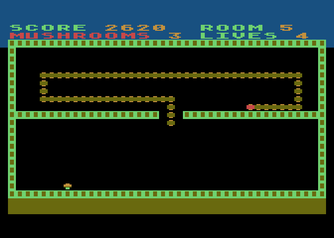 Nerm of Bemer Atari 8-bit Screenshot: Mushrooms located right next to a wall can be difficult to eat.