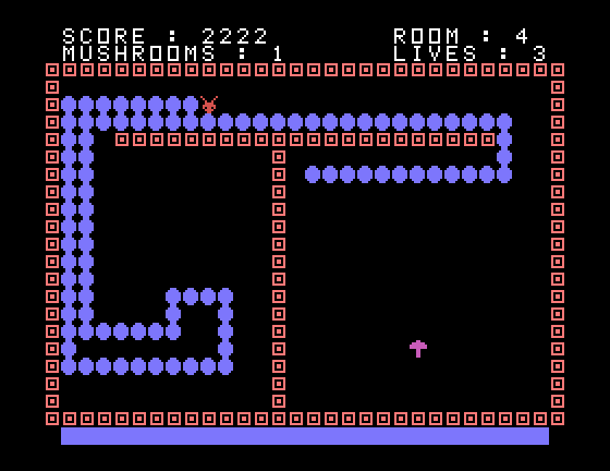 Nerm of Bemer TI-99/4A Screenshot: Spaces become narrow as your worm starts to grow.