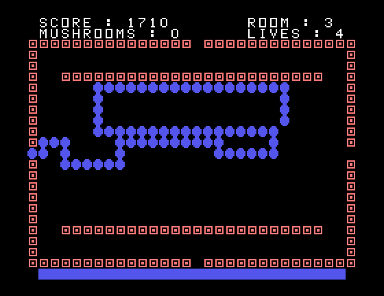 Nerm of Bemer TI-99/4A Screenshot: Level complete! The worm exits the room...