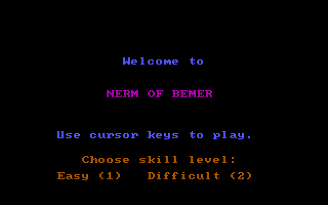 Nerm of Bemer IBM PC/Compatibles Screenshot: Title screen and skill level selection.
