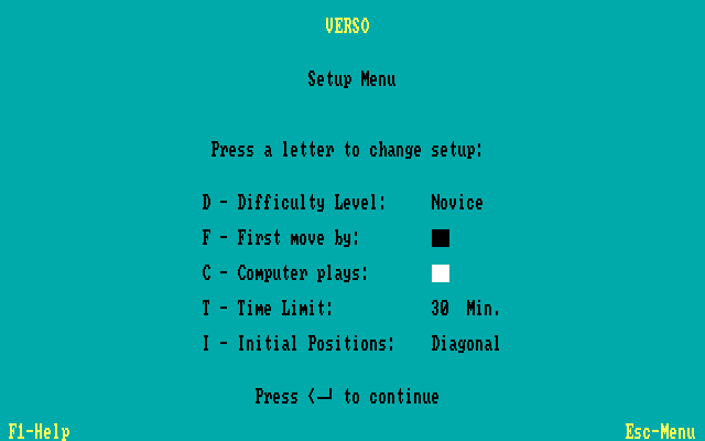 Verso IBM PC/Compatibles Screenshot: Game settings.