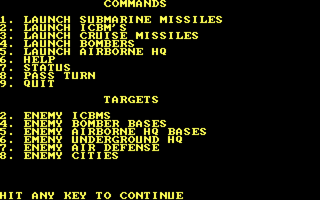 Global Thermonuclear War IBM PC/Compatibles Screenshot: A summary of commands.