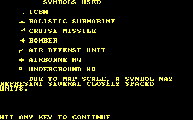 Global Thermonuclear War IBM PC/Compatibles Screenshot: Here's the symbols used during the conflict.
