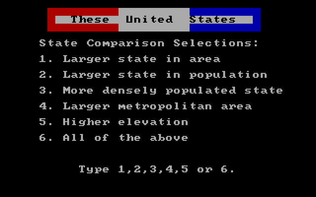 These United States IBM PC/Compatibles Screenshot: State comparison menu.