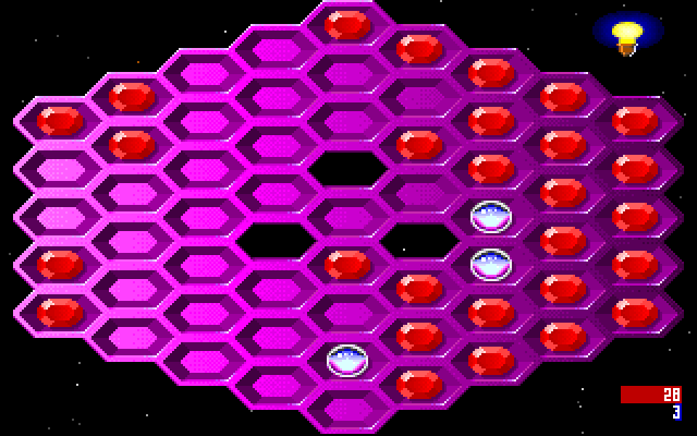 Hexxagon IBM PC/Compatibles Screenshot: Red player is in the lead as the computer player thinks...