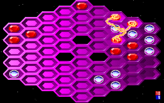 Hexxagon IBM PC/Compatibles Screenshot: Game in progress; red pieces are transformed into blue ones...